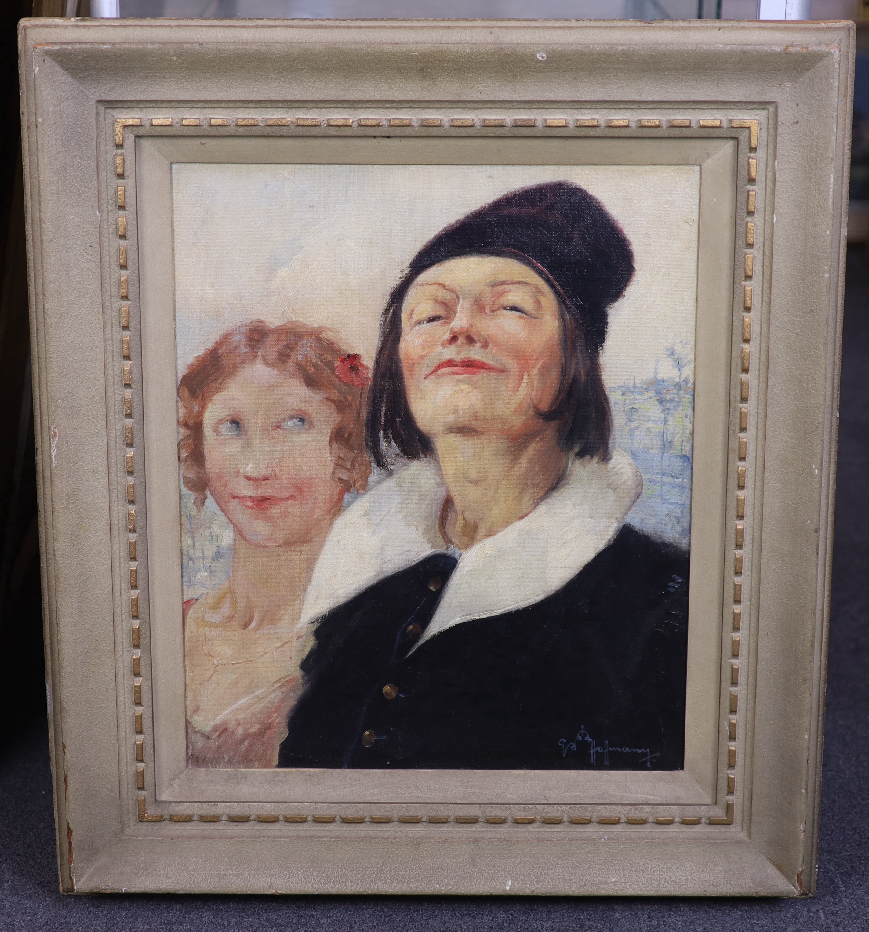 Gaston Hoffmann (French, 1883-1977), oil on canvas, Smirking figures, signed, 54 x 44cm